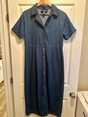 VTG Denim Button Front Short Sleeve Shirt Dress S Cottage Western Modest 90s Mom